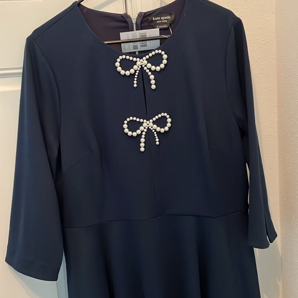 Beautiful Kate Spade navy blue dress half sleeve pearl bow at neckline